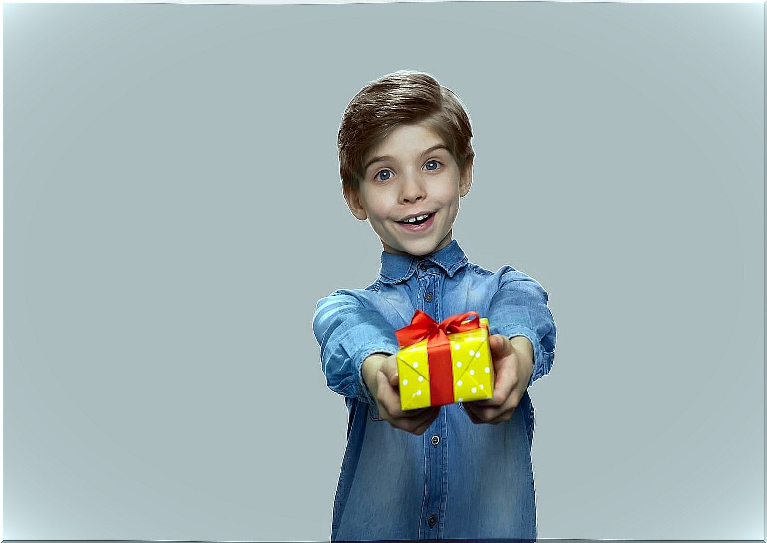 Child giving solidarity gifts to his relatives.