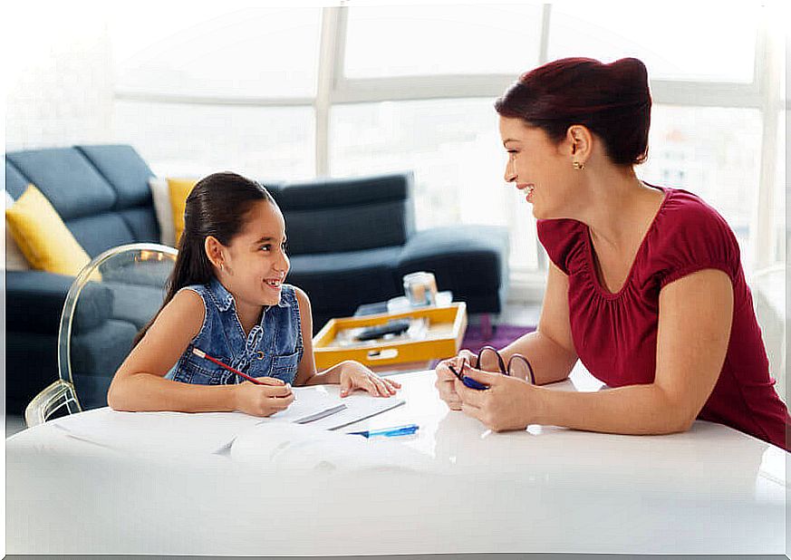 Mother helps her daughter with her homework so that she is not so disorganized.